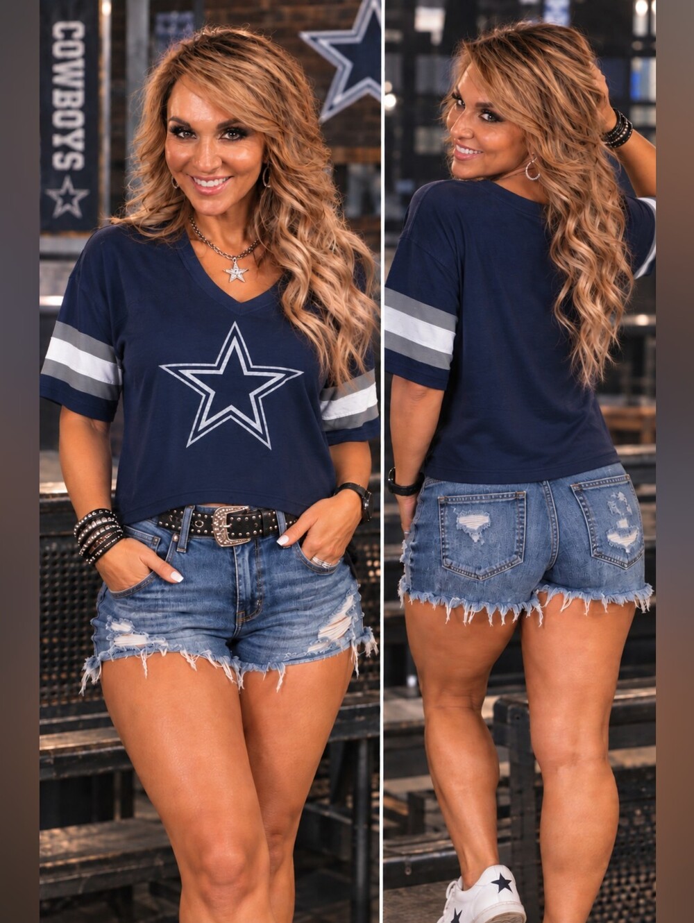 Women's Dallas Cowboys '47 Navy Double Header Scout Cropped V-Neck T-Shirt Sz MD - Picture 3 of 11
